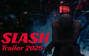 Vorschaubild des SLASH Festivaltrailers 2025, das einen knieenden Vampir in düsterer Umgebung zeigt.